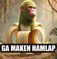 a green monkey is sitting inside of a banana with the words ga maken hamlap written below it