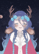 a drawing of a girl with deer antlers and flowers in her hair