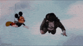 mickey mouse and bugs bunny are flying through the air .