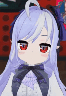 a close up of a girl with purple hair and red eyes