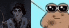 a pixel art of a man wearing sunglasses next to a pixel art of a potato
