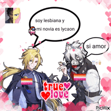 two anime characters with a speech bubble that says true love