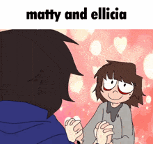 a cartoon of matty and ellucia holding hands