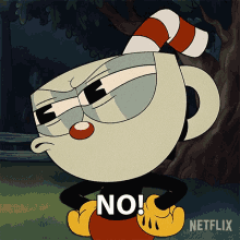 a cuphead cartoon character says no in a netflix advert
