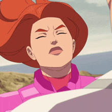 a close up of a cartoon character with red hair and a pink jacket