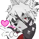 a pixel art drawing of a wolf with a pink heart in his hand .