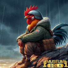 a rooster wearing a jacket and helmet sits on a rock with the words museum bola below him