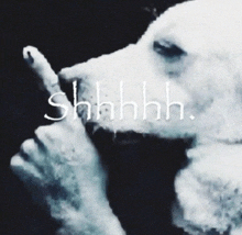 a black and white photo of a dog smoking a cigarette with the words shhhh written on it
