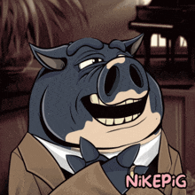a cartoon drawing of a pig wearing a suit and bow tie with nikepig written on the bottom