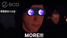 a man is wearing a mask with a euro sign on his eyes and the words more on the bottom