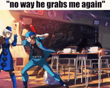 a man in a blue suit is dancing in a classroom next to a girl .