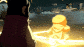 a cartoon drawing of a person standing next to a yellow object