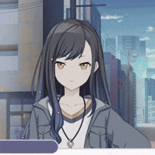 a girl with long black hair is wearing a gray jacket and a necklace