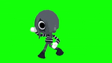 a cartoon character with a big eye and a striped shirt is dancing on a green screen .