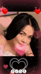 a picture of a woman with the word dude in white letters