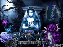 a picture of a woman with a skull and the words " goodnight "