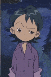 a cartoon character with a purple shirt and a serious look on his face