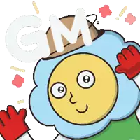 a cartoon character wearing a hat with the letter gm behind him