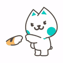 a cartoon cat is holding a piece of bread .
