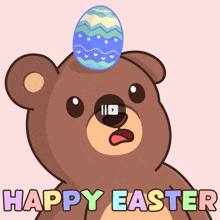 a teddy bear with an easter egg on its head and the words happy easter