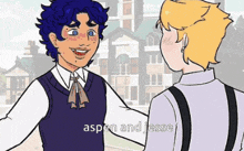a cartoon of two men standing next to each other with the words aspen and jesse in the corner .