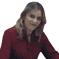 a woman in a red shirt is smiling with the words back to the behind her