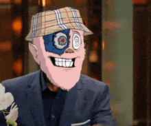 a cartoon character wearing a plaid hat and a suit is smiling