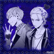 two anime characters standing next to each other on a blue background with hearts around them