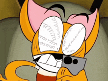a cartoon cat is talking on a cell phone with spirals coming out of its eyes