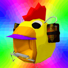 a colorful background with a yellow chicken with a purple hat and a purple moustache