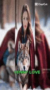 a woman in a red cape sits next to a wolf with the name lenny love written on the bottom
