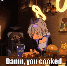 a cartoon girl is sitting at a table eating a hamburger and drinking a drink .