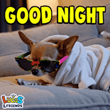 a dog wearing sunglasses and a bathrobe is laying on a couch with the words " good night " above it