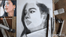 a black and white drawing of a woman 's face is made in animatica
