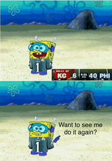 a cartoon of spongebob wearing a number 1 shirt