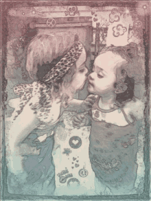 a drawing of two little girls kissing each other with peace signs around them