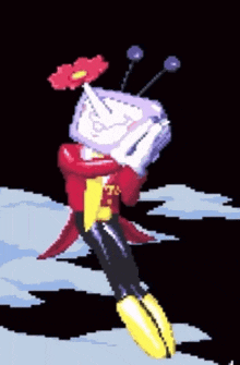 a pixel art drawing of a cartoon character with a flower on his head