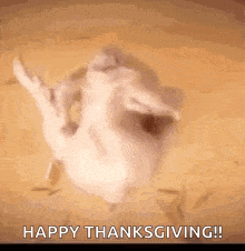 a turkey is sitting on a table with its arms outstretched and says `` happy thanksgiving '' .