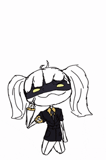 a black and white drawing of a girl in a suit