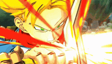 a cartoon character with yellow hair and green eyes is holding a sword in his hand .