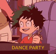 a cartoon drawing of a boy holding a toy with the words dance party on the bottom