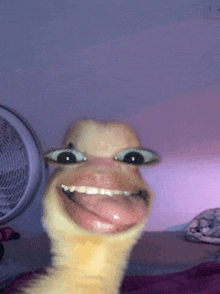 a duck is making a funny face in front of a fan
