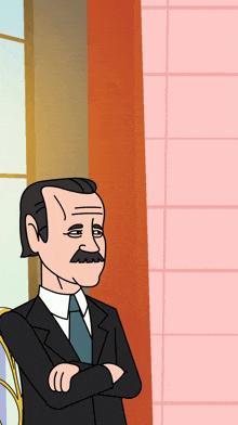 a cartoon of a man in a suit and tie standing with his arms crossed