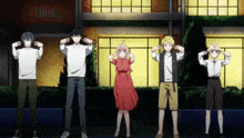 a group of anime characters stand in front of a building that says true