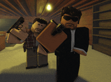 a man in a suit holds a gun while another man holds a briefcase