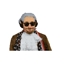 a man wearing a wig and headphones has a flag around his neck