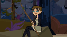 a cartoon girl is holding a fishing rod in her hand