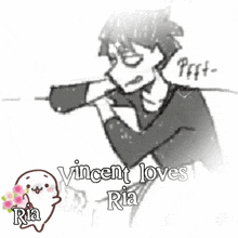 a drawing of vincent loves ria with a seal holding a flower
