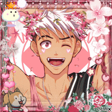 a picture of a boy with flowers in his hair has picmix written on it