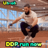 a man is jumping over a hurdle with the words " ddp run now " above him